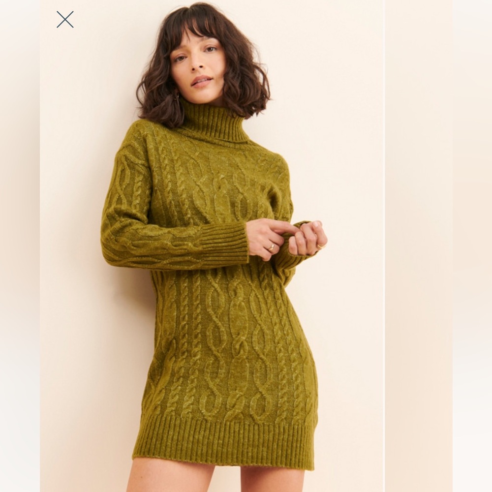 Green Turtleneck Cableknit Mini Dress